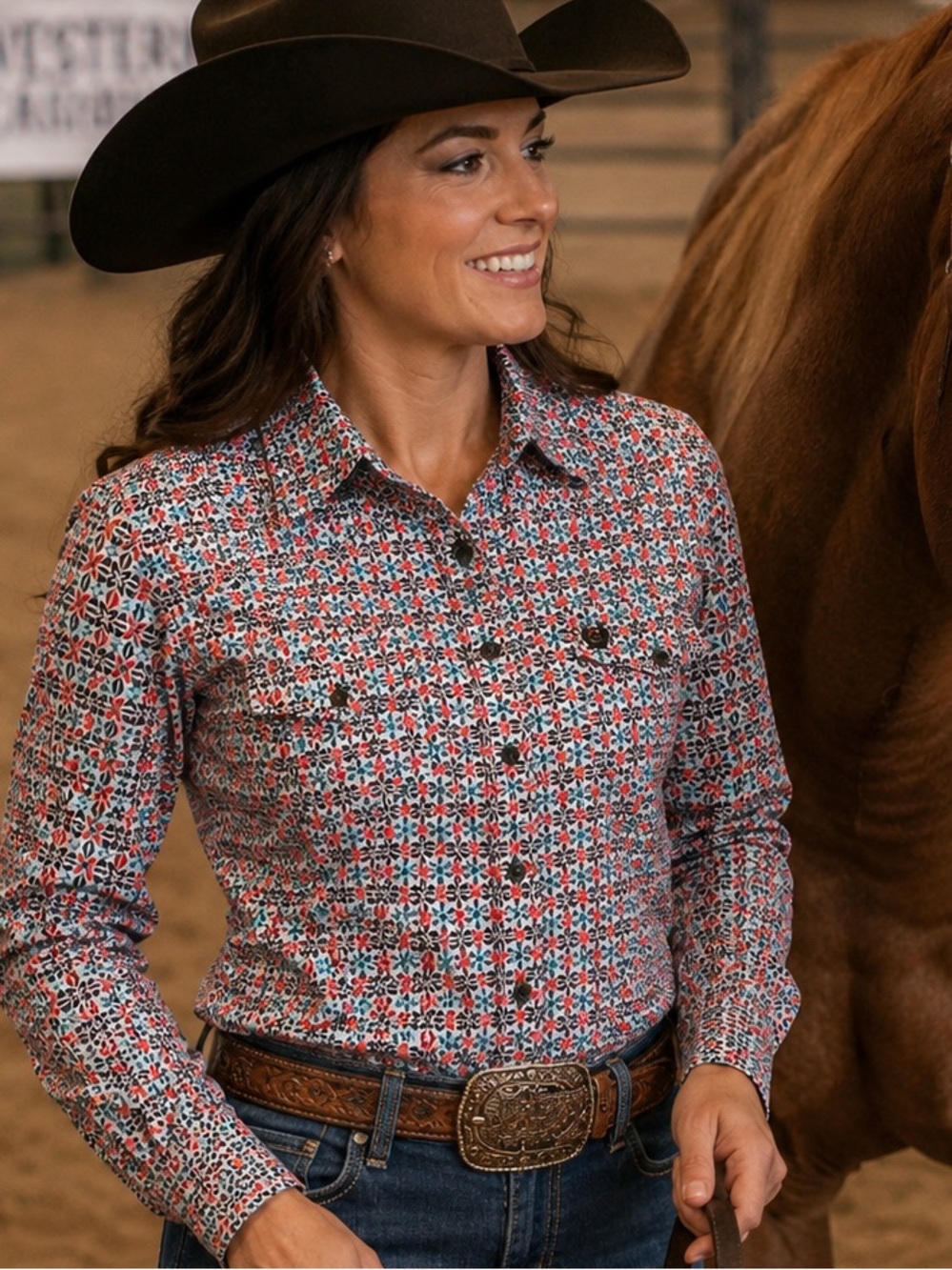 Cinch Retro Mid Century Modern, MCM Floral Pearl Snap Western Cowgirl Shirt, M
